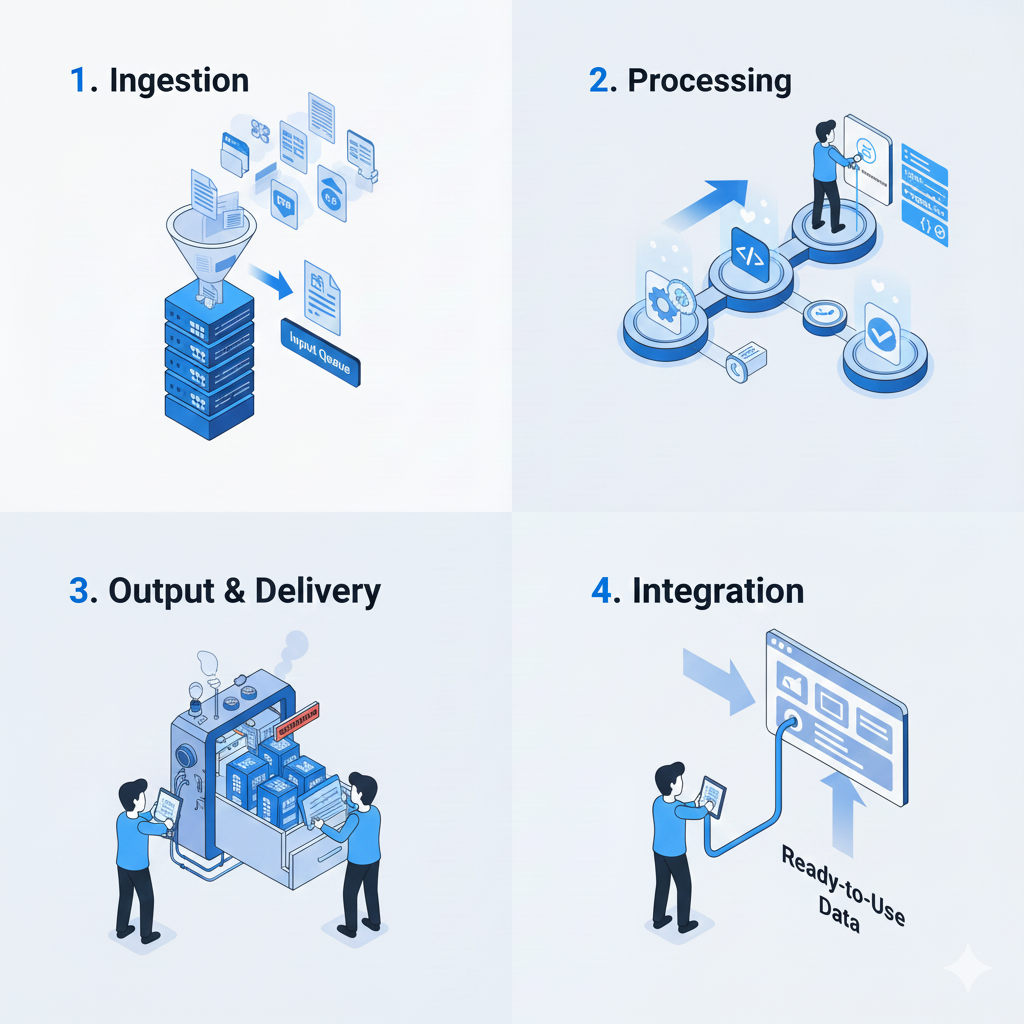API workflow: 1. Ingestion - documents uploaded, 2. Processing - extraction and parsing, 3. Output & Delivery - structured JSON returned, 4. Integration - ready-to-use data in your product.